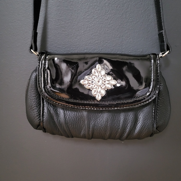 Brighton Black Leather & Patent Leather Gem Embellished Small Shoulder Bag 8 x 5 - Picture 1 of 11
